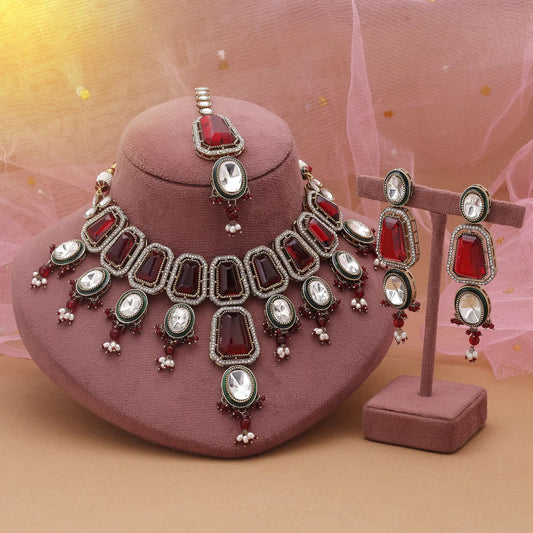 Maroon Color Kundan Necklace Set With Classic Indian Festive Design