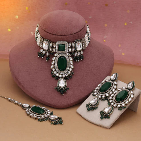 Green Color Choker Kundan Necklace Set With Royal Festive Statement Look