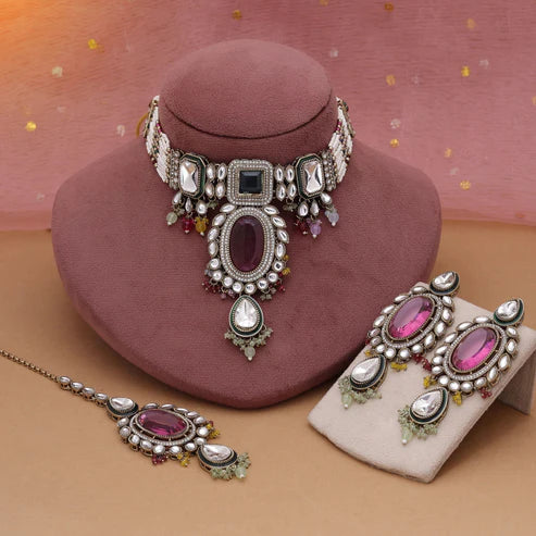 Multi Color Choker Kundan Necklace Set With Vibrant Wedding Appeal