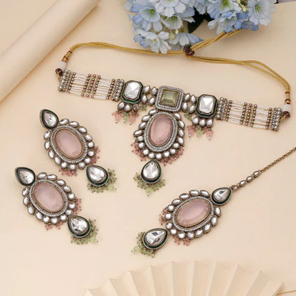 Pink & Pista Green Color Choker Kundan Necklace Set With Festive Dual Tone
