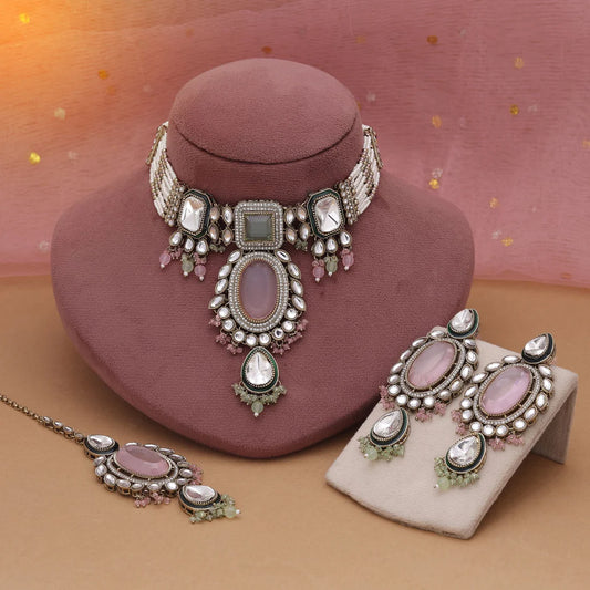 Pink & Pista Green Color Choker Kundan Necklace Set With Festive Dual Tone
