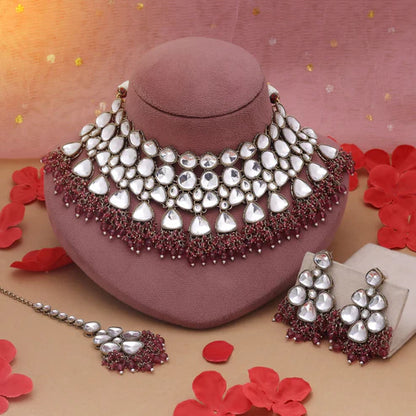 Maroon Color Kundan Necklace Set With Rich Tone Traditional Styling