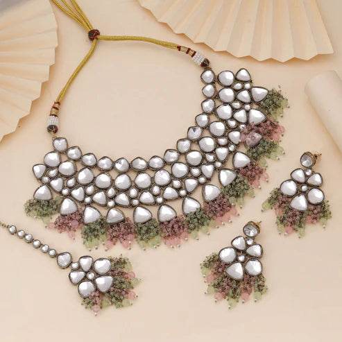 Pink & Pista Green Color Kundan Necklace Set With Contemporary Festive Charm