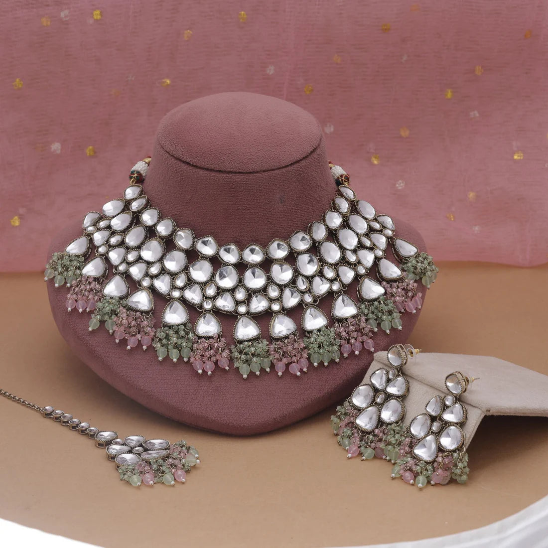 Pink & Pista Green Color Kundan Necklace Set With Contemporary Festive Charm