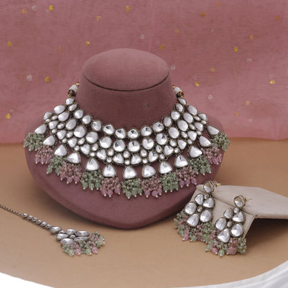 Pink & Pista Green Color Kundan Necklace Set With Contemporary Festive Charm