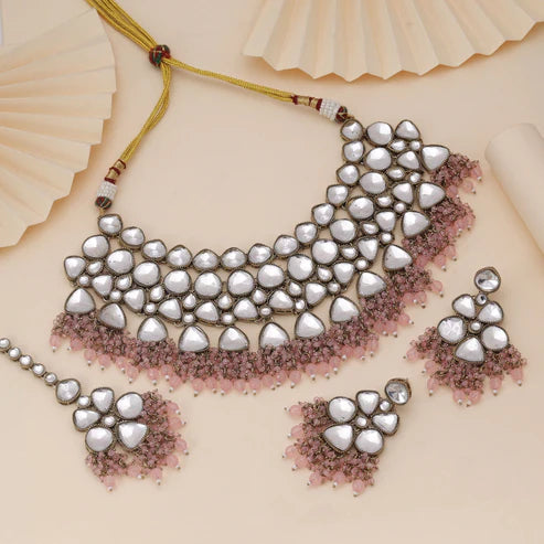 Pink Color Kundan Necklace Set Featuring Elegant Stones For Festive Looks