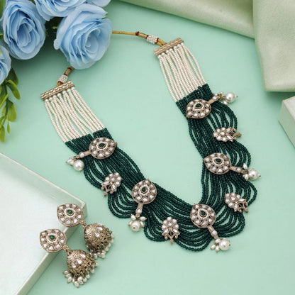 Green Color Kundan Necklace Set Designed For Traditional Wedding Functions