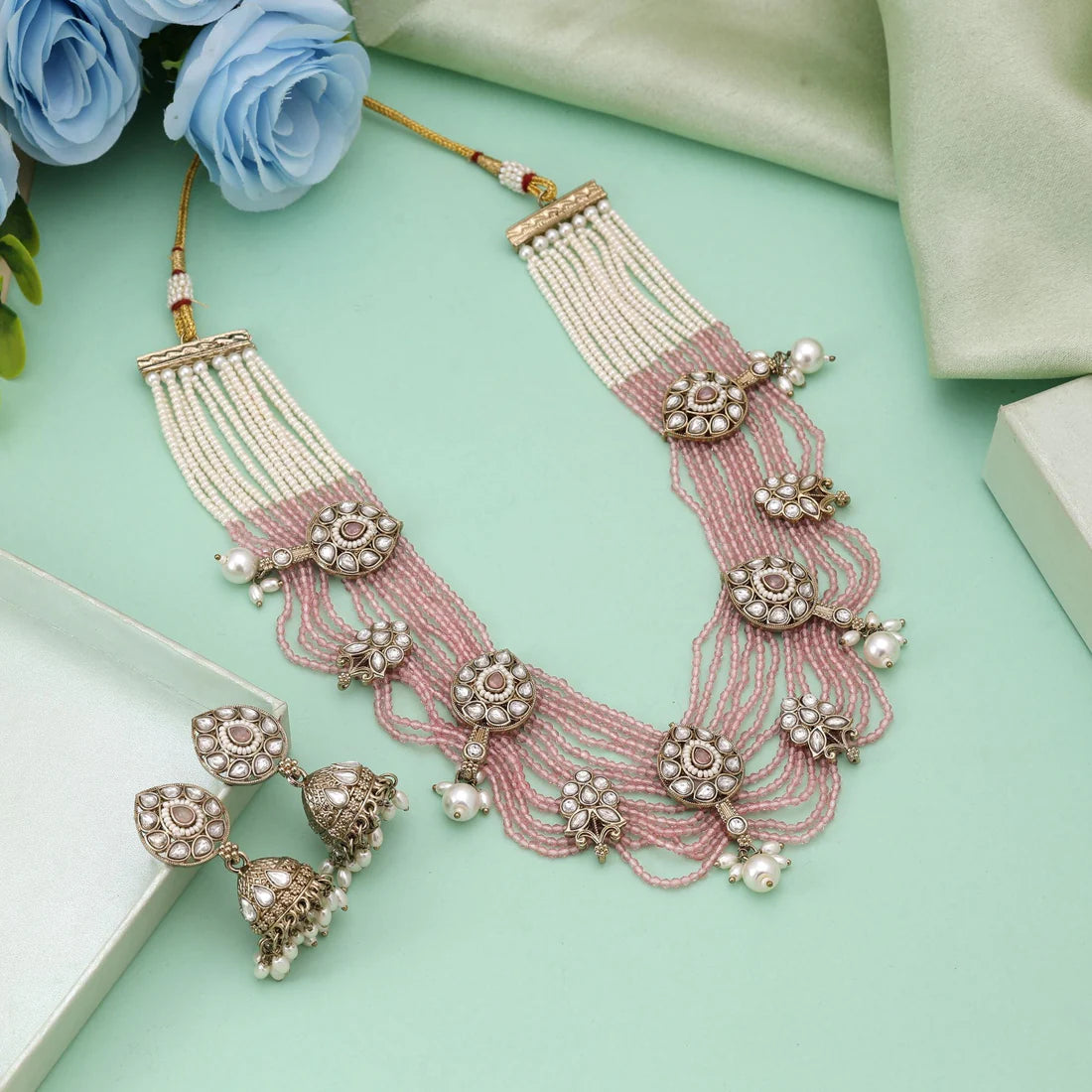 Pink Color Kundan Necklace Set Crafted For Elegant Cultural Celebrations