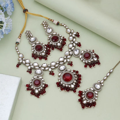 Maroon Color Kundan Necklace Set Crafted For Wedding And Cultural Wear