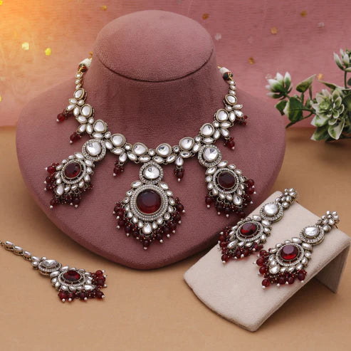 Maroon Color Kundan Necklace Set Crafted For Wedding And Cultural Wear
