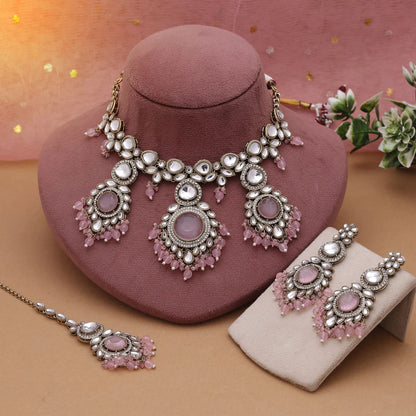Pink Color Kundan Necklace Set Styled For Modern Traditional Occasions