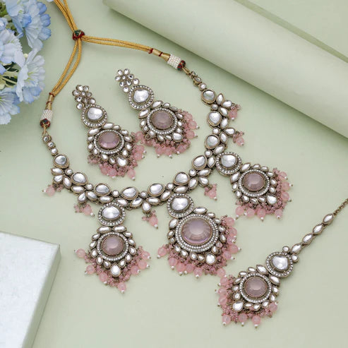 Pink Color Kundan Necklace Set Styled For Modern Traditional Occasions