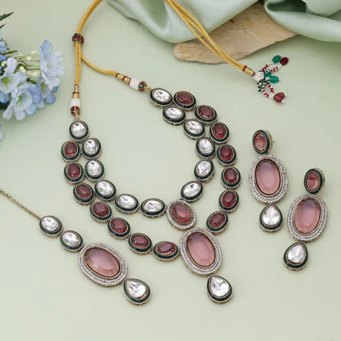 Magenta Color Kundan Necklace Set With Bold Festive Color Expression