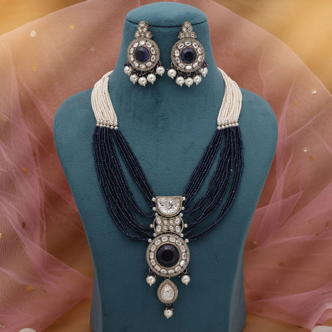 Blue Color Kundan Necklace Set Designed For Graceful Party Wear