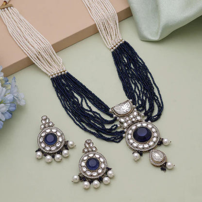 Blue Color Kundan Necklace Set Designed For Graceful Party Wear