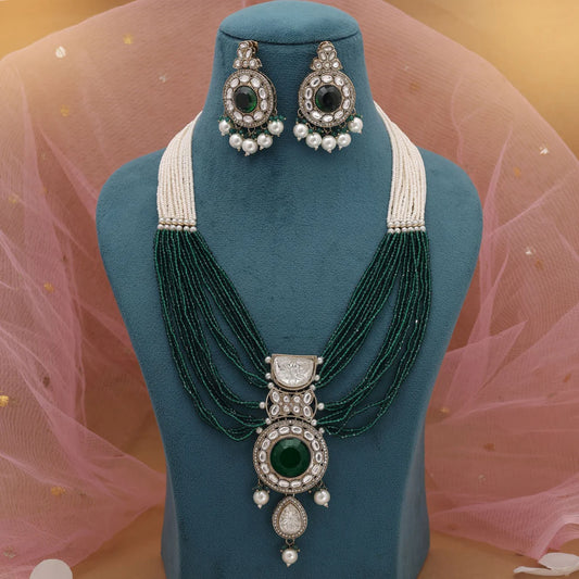 Green Color Kundan Necklace Set Crafted For Classic Indian Celebrations