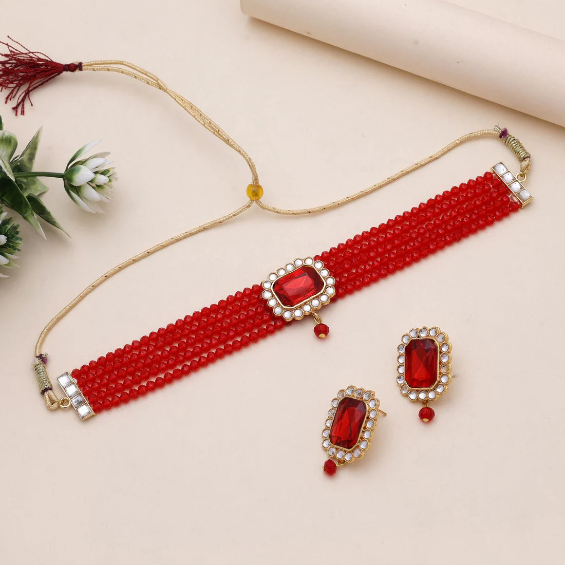 Red Color Choker Rajputi Jewellery Rani Haar With Traditional Royal Design
