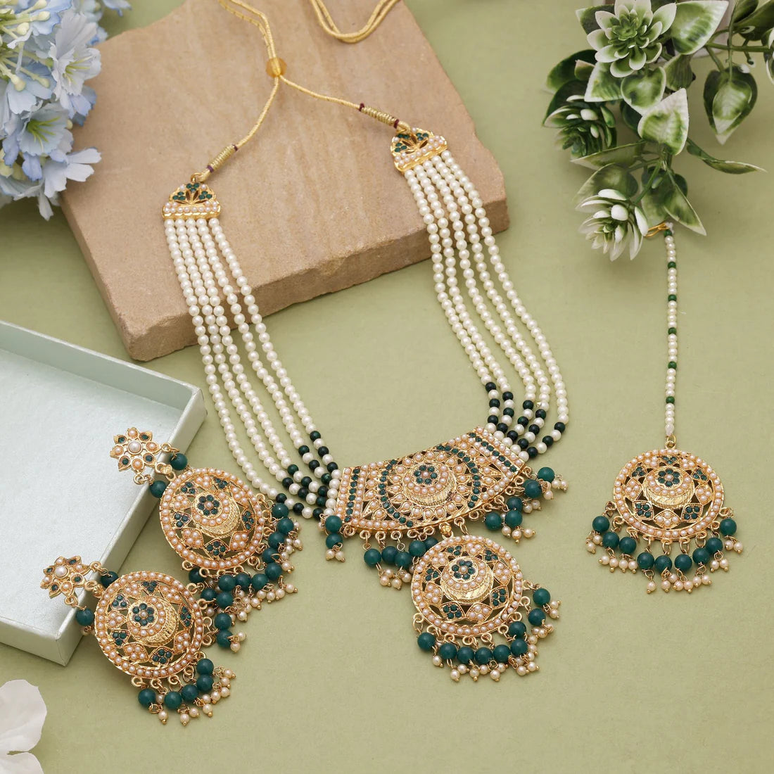 Green Color Rajputi Jewellery Rani Haar Featuring Traditional Charm