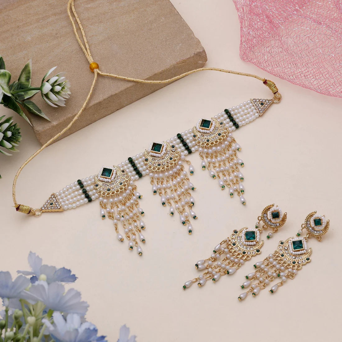 Green & White Color Choker Rajputi Jewellery Rani Haar With Regal Style