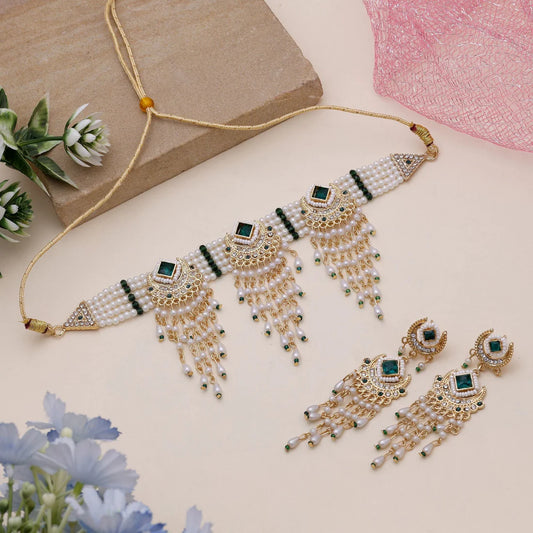 Green & White Color Choker Rajputi Jewellery Rani Haar With Regal Style