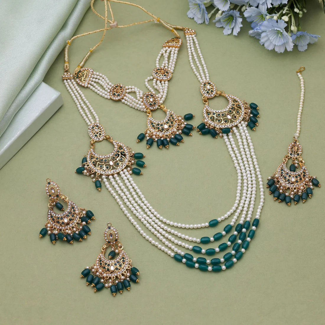 Green Color Rajputi Jewellery Rani Haar With Cultural Grandeur
