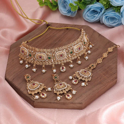 Rani & Green Color Choker Matte Gold Necklace Set Showcasing Royal Traditional Craftsmanship