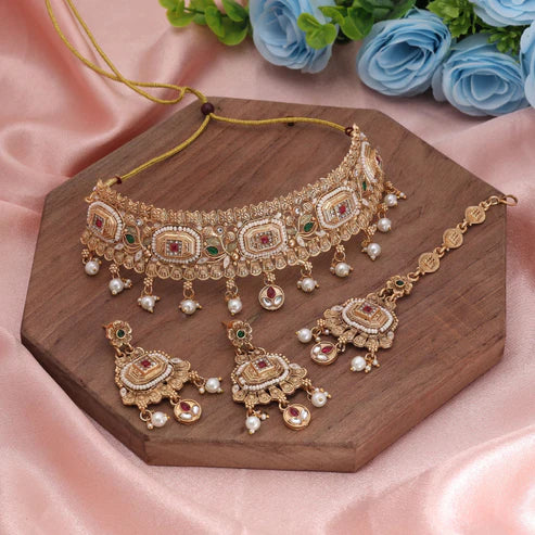 Rani & Green Color Choker Matte Gold Necklace Set Showcasing Royal Traditional Craftsmanship