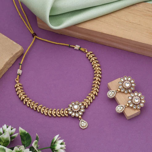 Gold Color Matte Gold Necklace Set Offering Sophisticated Ethnic Fashion Charm
