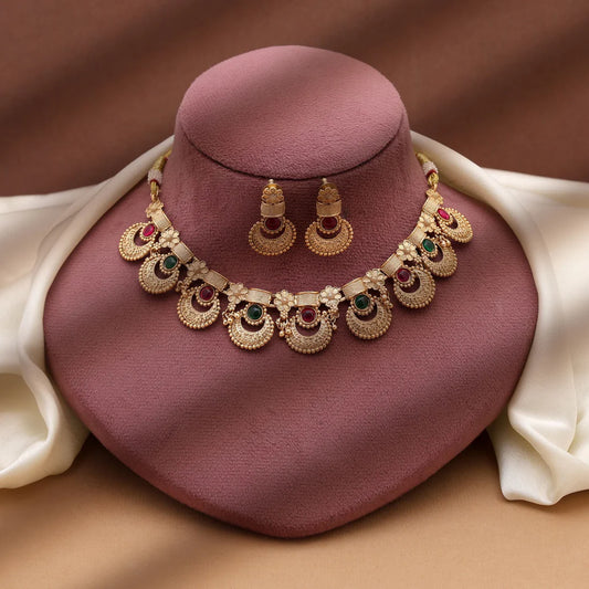 Rani & Green Color Matte Gold Necklace Set Reflecting Rich Indian Jewelry Heritage
