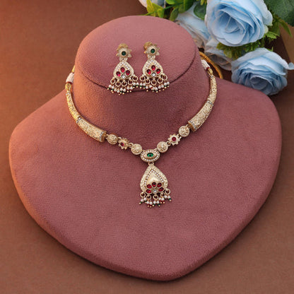 Rani & Green Color Matte Gold Necklace Set Designed For Elegant Ethnic Outfits