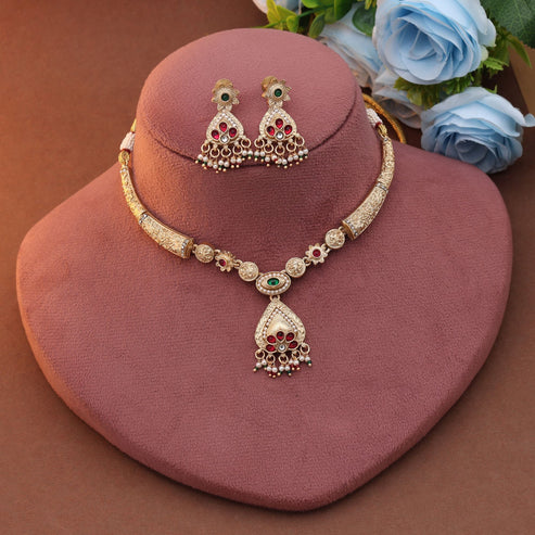 Rani & Green Color Matte Gold Necklace Set Designed For Elegant Ethnic Outfits