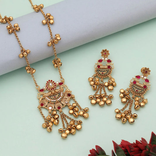 Rani & Grey Color Elegant Ethnic Matte Gold Necklace Set For Women