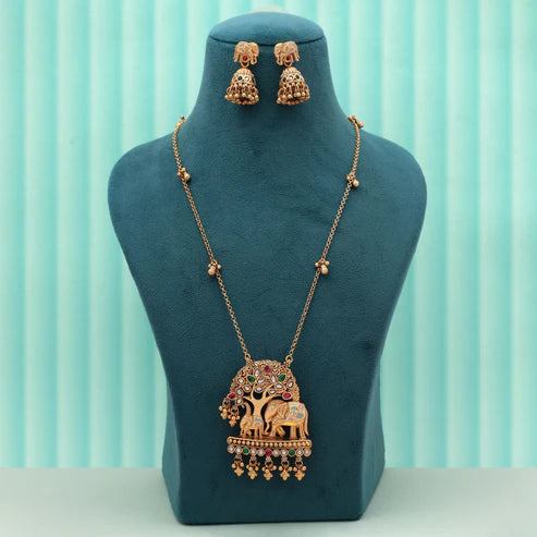 Multi Color Elephant Design Artistic Meena Matte Gold Necklace Set