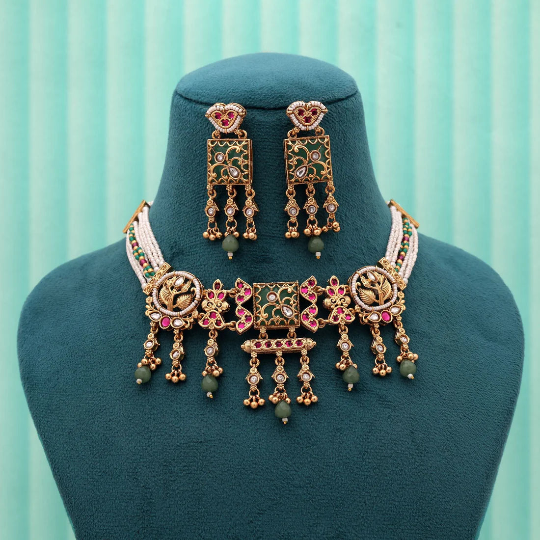 Pista Green & Rani Color Choker Style Matte Gold Necklace Set
