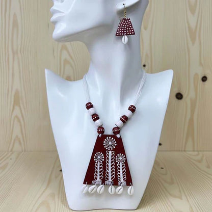 Maroon & White Color Wooden Handcraft Necklace Set With Traditional Handmade Wooden Charm Beads