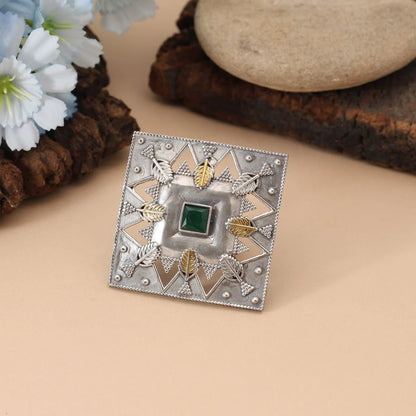 Green Color Dual Tone Oxidised Rings Showcasing Nature-Inspired Hues With Elegantly Carved Oxidised Design