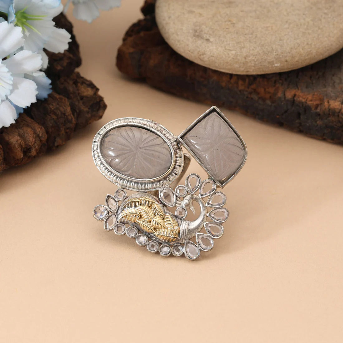 Grey Color Dual Tone Oxidised Rings Offering Subtle Elegance With Intricately Designed Oxidised Texture