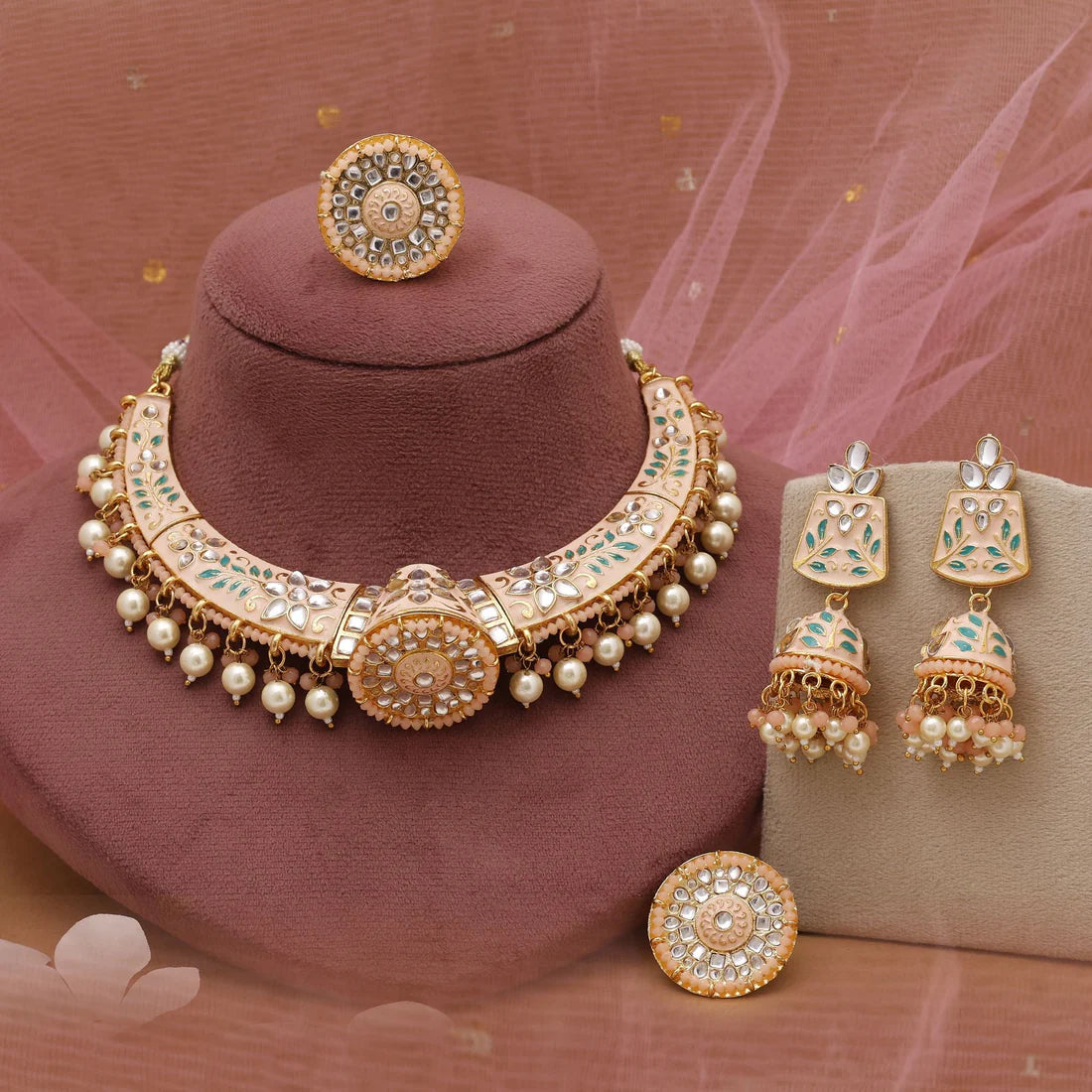 Peach Color Hasli Meenakari Necklace Set With Elegant Cultural Finish