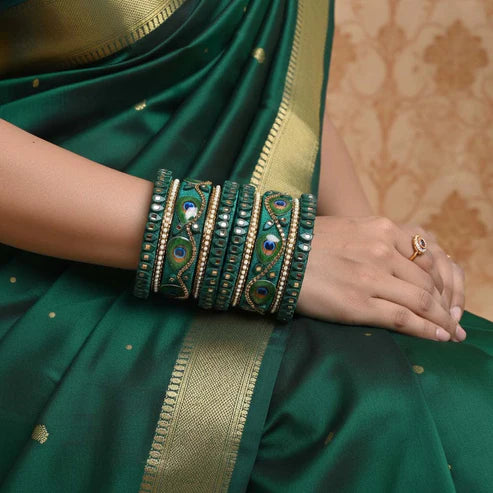 Green Color Peacock Feather 1 Set Of Thread Bangle Inspired By Nature Themed Jewelry