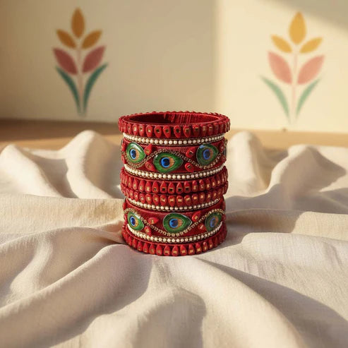 Maroon Color Peacock Feather 1 Set Of Thread Bangle With Festive Ethnic Charm