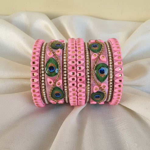 Pink Color Peacock Feather 1 Set Of Thread Bangle Offering Graceful Feminine Elegance