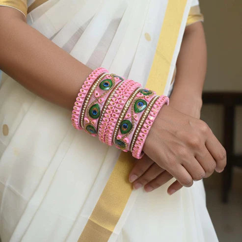 Pink Color Peacock Feather 1 Set Of Thread Bangle Offering Graceful Feminine Elegance