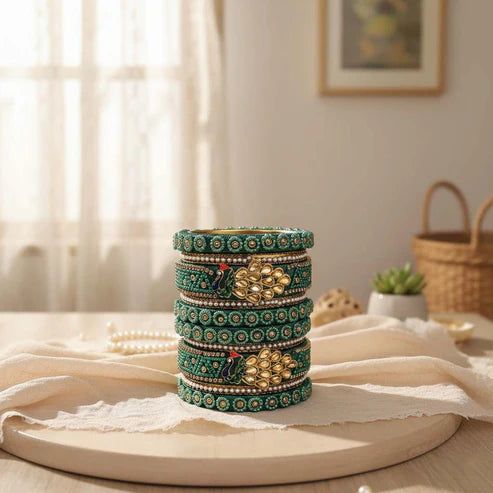 Green Color Peacock Inspired 1 Set Of Thread Bangle Inspired By Traditional Artistry