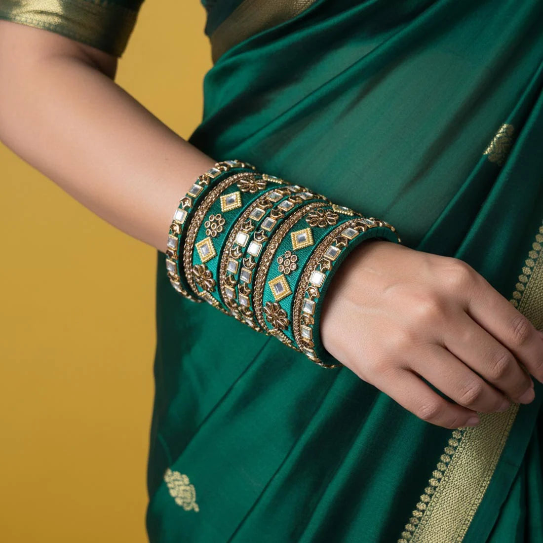 Green Color 1 Set Of Thread Bangle Highlighting Classic Indian Color Aesthetics