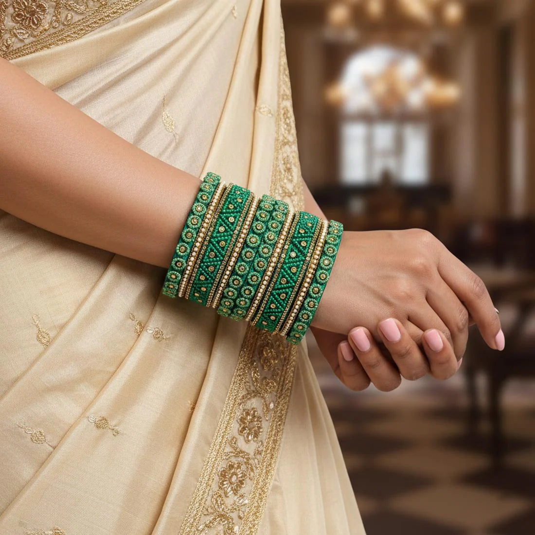 Green Color 1 Set Of Thread Bangle Crafted For Graceful Festive Occasion Wear